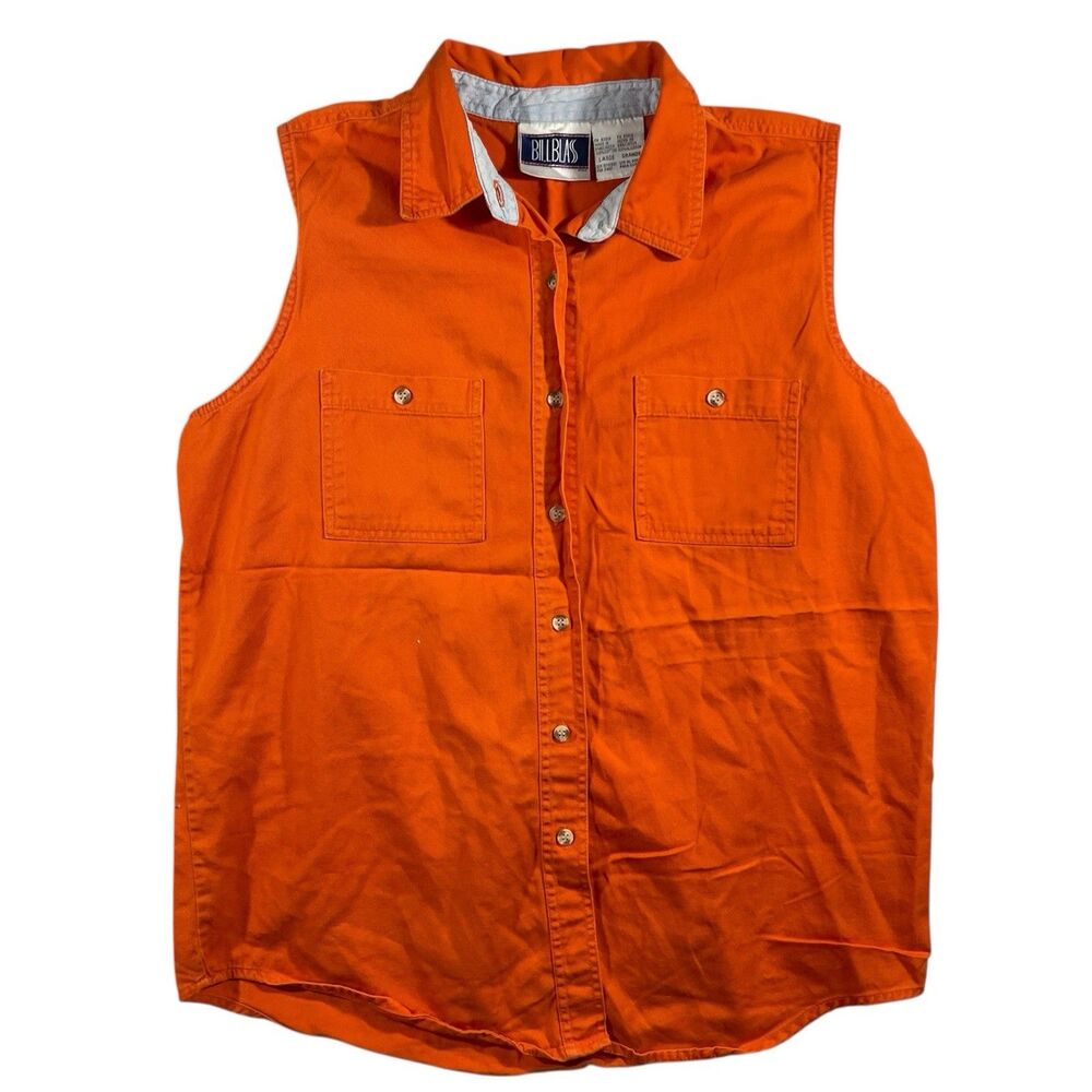 Vintage 90s Bill Blass Jeans Button Up Sleeveless Top Size L Solid Orange